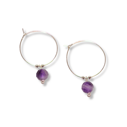 Amethyst Bead Silver Hoop Earrings