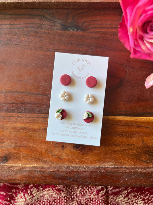 Penny Red & Floral Earrings - 3pk Stud Pack