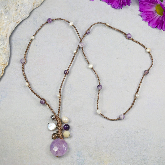 Amethyst pendant necklace- Brown Leather