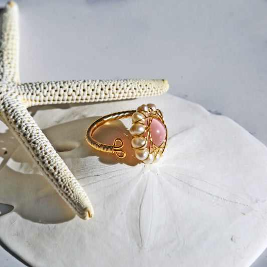 Boho Style Pink Cat Eye Bypass Ring Decorated by Cultured Fr