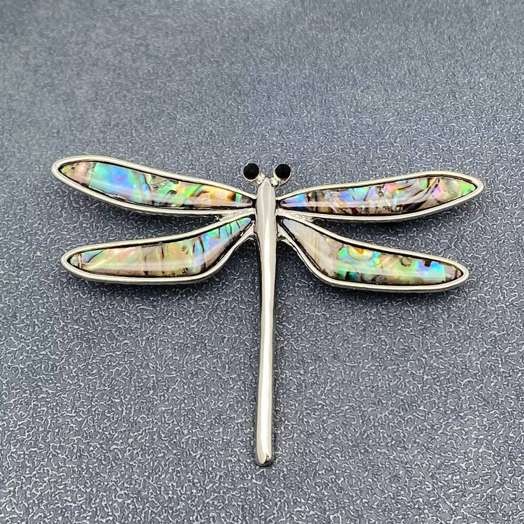 Abalone Shell Dragonfly Silver Tone Brooch