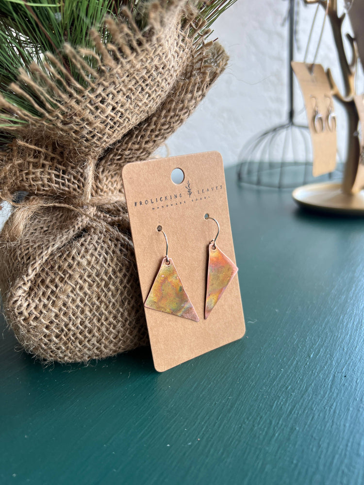 Fire Painted Copper Triangle Earrings: Sterling Silver Ear Wires
