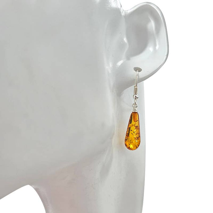 Cognac Amber Long Teardrop Sterling Silver Hook Earrings
