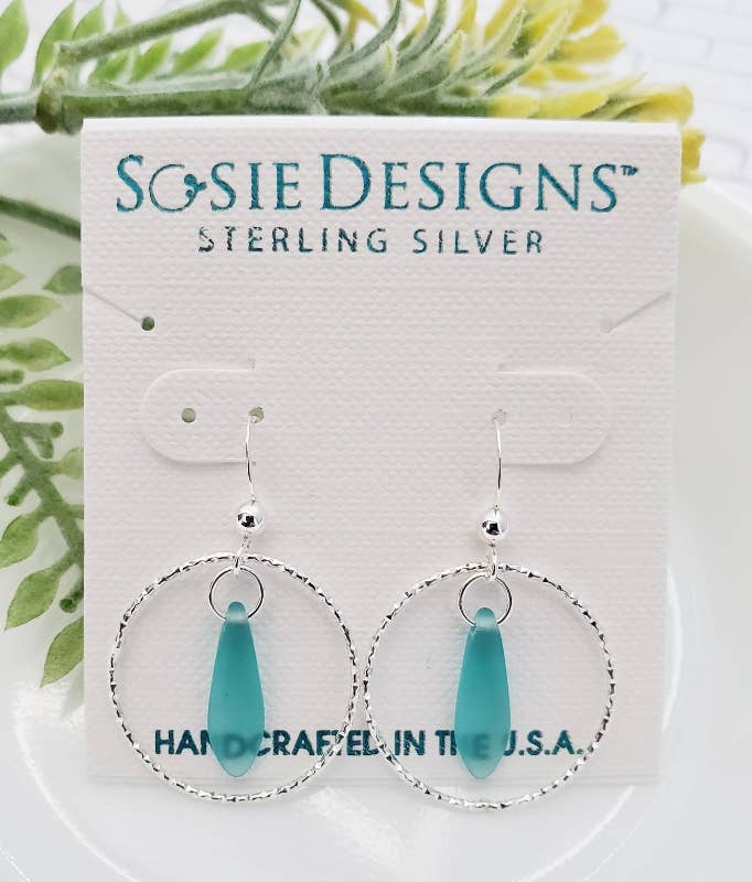 Silver Diamond Cut Eco Sea Glass Dagger Earrings - Turquoise