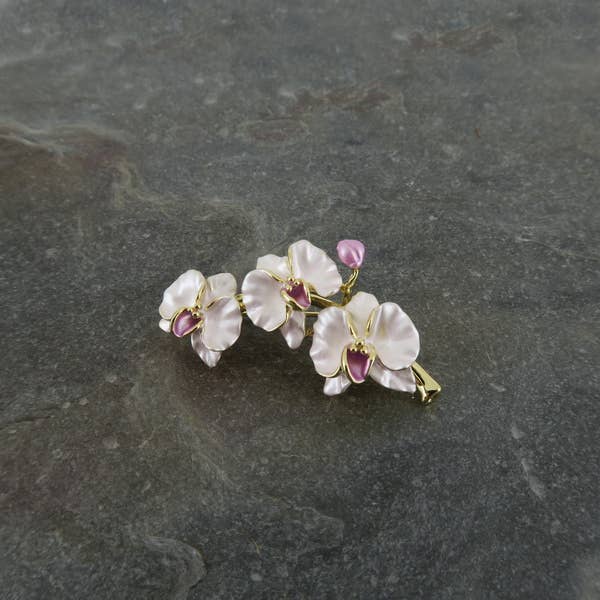 Orchid Pink Spray Flower Brooch, Gold Plated