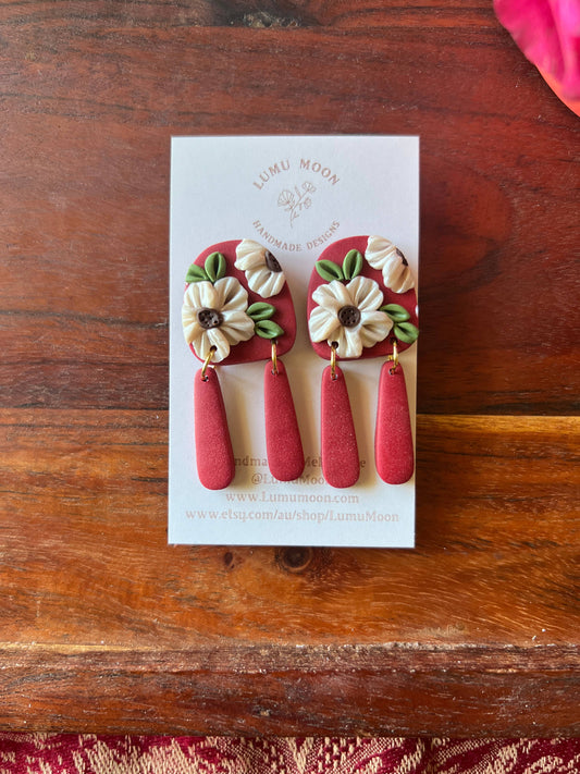 Penny Red & Floral Earrings - Statement shape