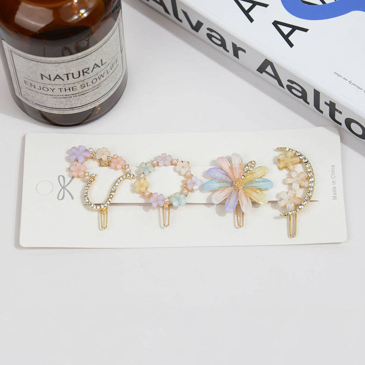 4PC Rhinestone Flower Hair Pin Set: Flower