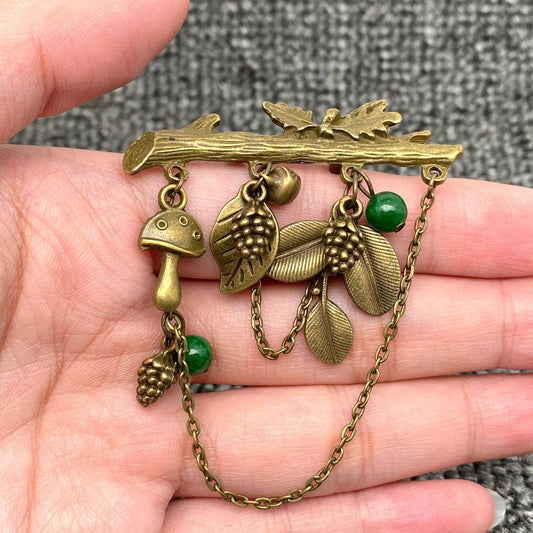Forest Mushroom Pinecone Leaf Charm Brooch
