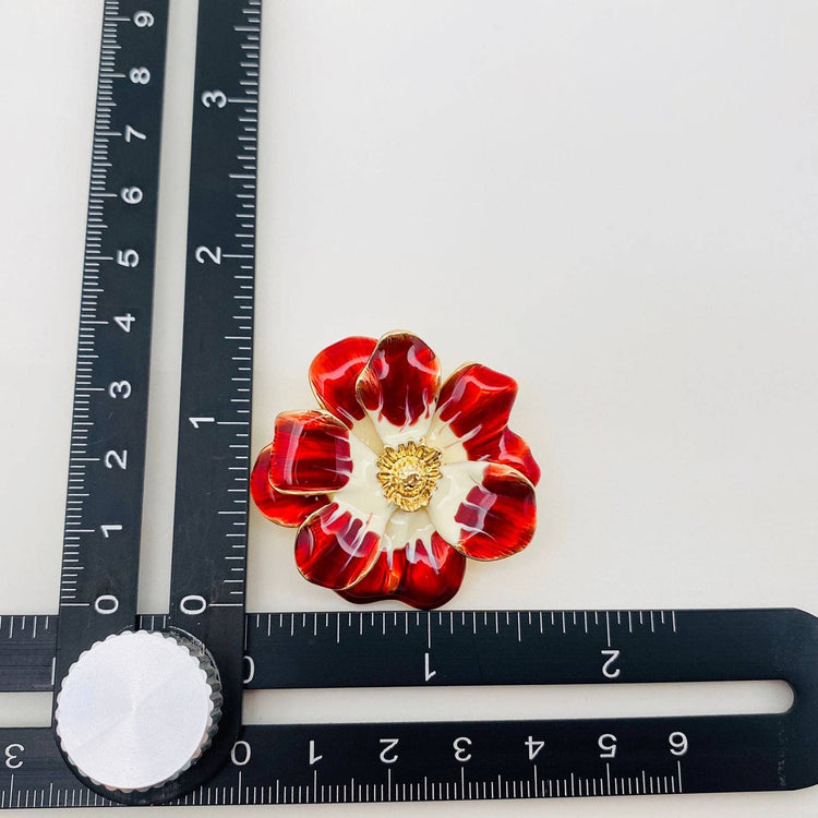 Vintage Enamel Big Flower Brooch: Red + White