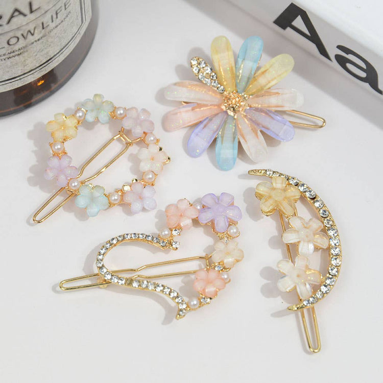 4PC Rhinestone Flower Hair Pin Set: Flower