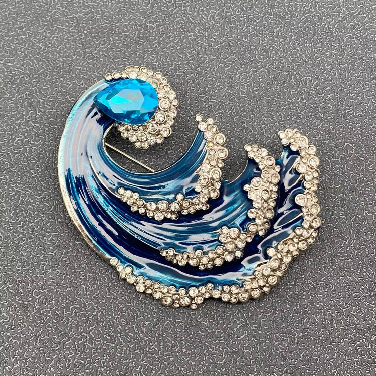 Rhinestone Enamel Wave Brooch