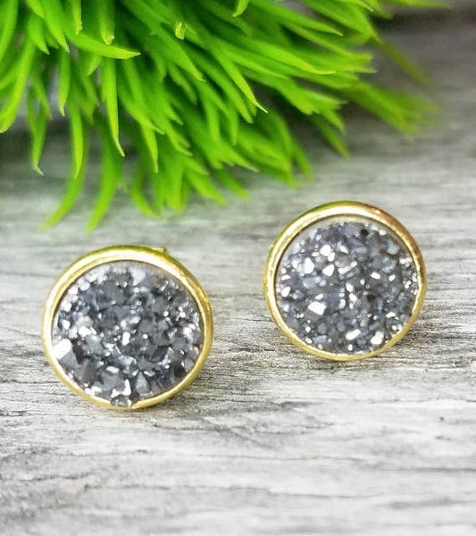 Druzy Quartz Stud Earrings Twilight Grey