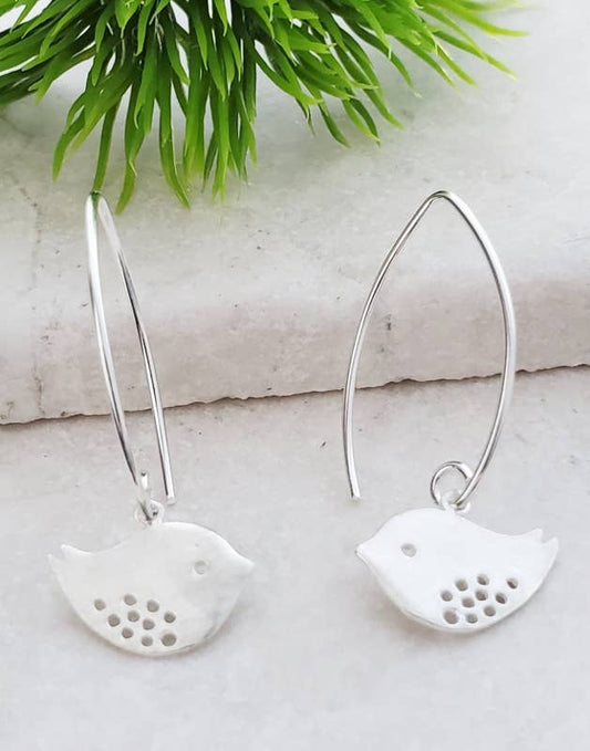 Silver Matte Spotted Bird Dangle Earrings