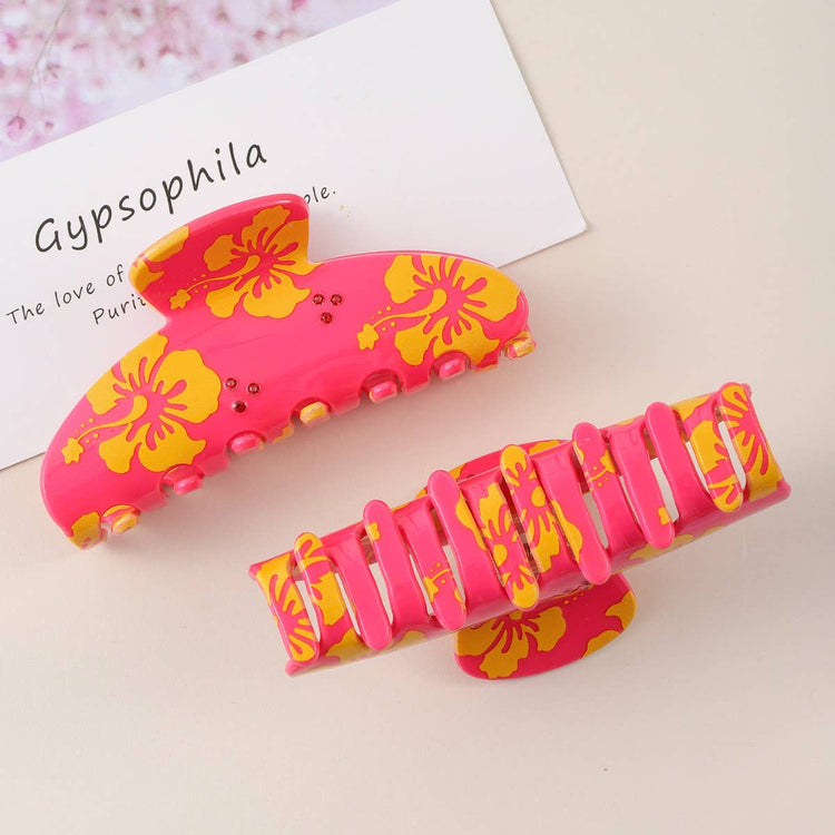 Hibiscus Flower Print Hair Claw, Tropical Summer Accessory: Pink