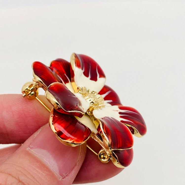 Vintage Enamel Big Flower Brooch: Red + White