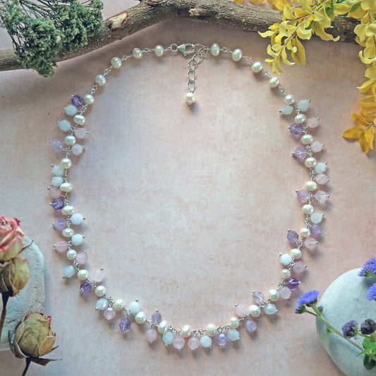 Pearl Gemstone Cluster Necklace