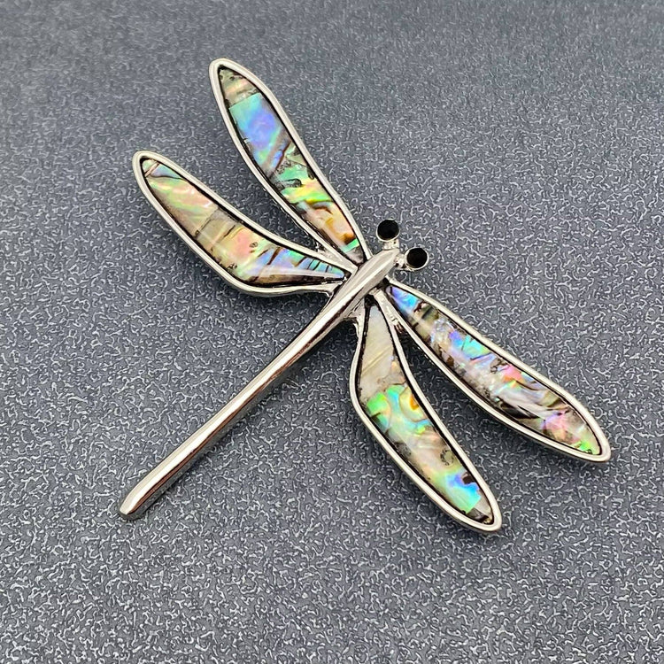 Abalone Shell Dragonfly Silver Tone Brooch