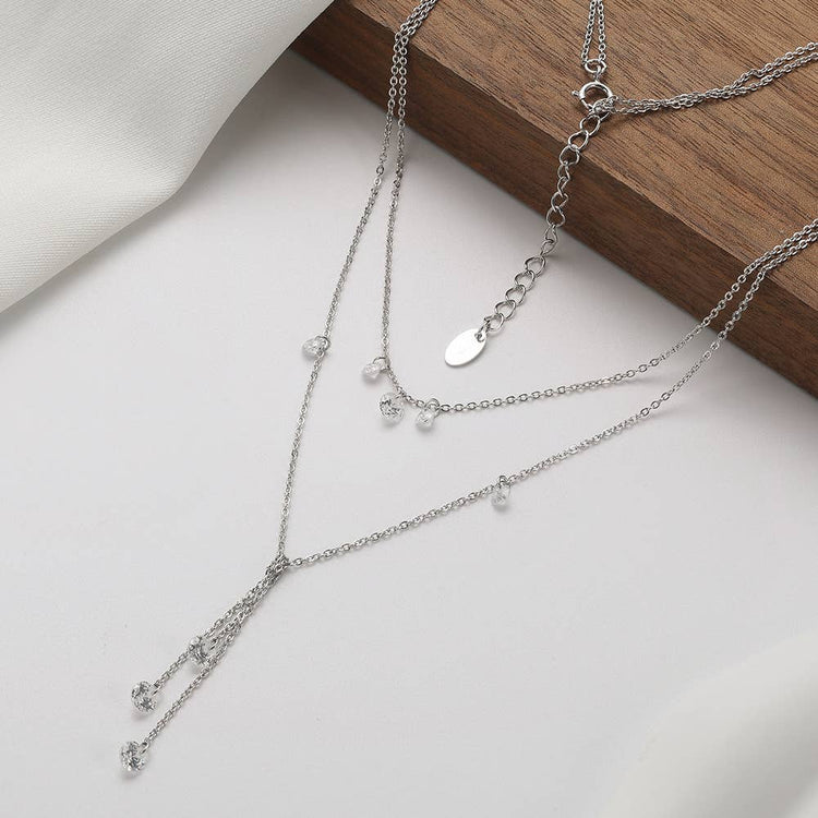 925 Sterling Silver Star Tears Zircon Tassel Necklace: Silver