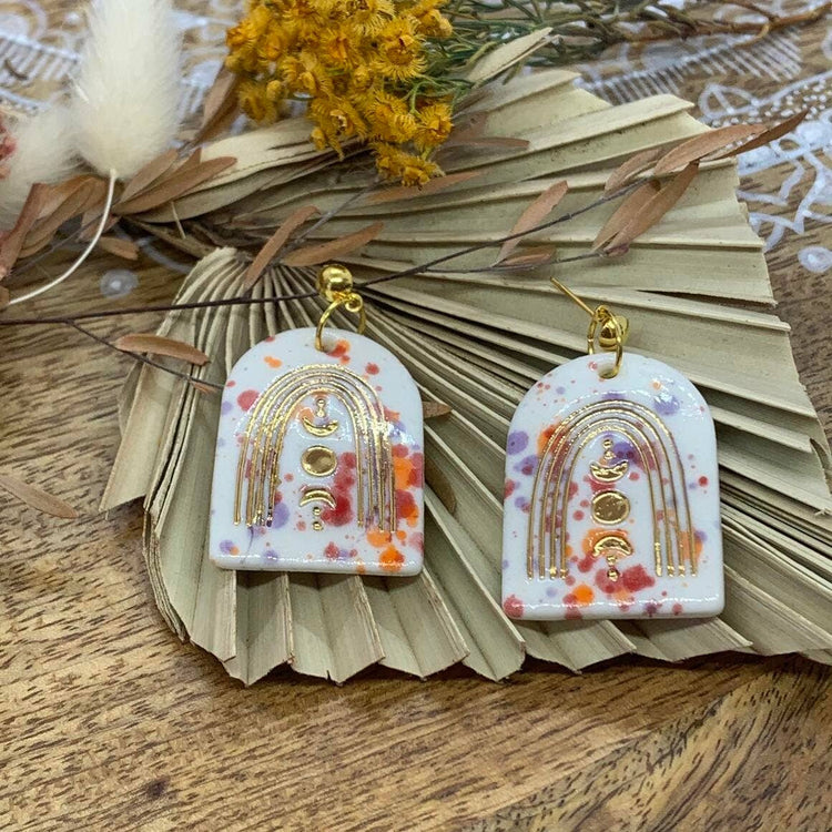 Ariel - Porcelain Earrings with Gold finish: Rainbow With Moon