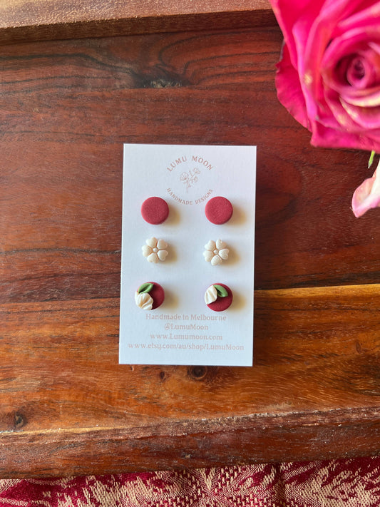 Penny Red & Floral Earrings - 3pk Stud Pack