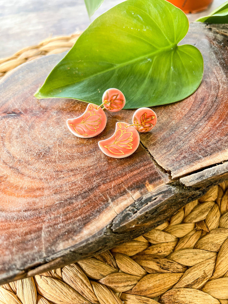 Floral Moon - Porcelain Earrings: Pink