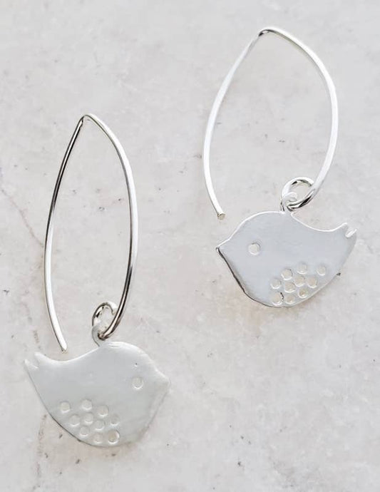 Silver Matte Spotted Bird Dangle Earrings