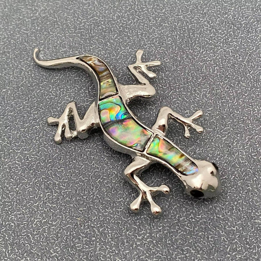 Abalone Shell Silver Tone Gecko Brooch