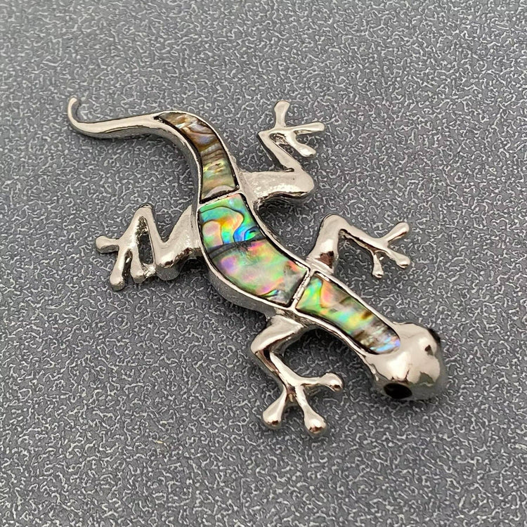 Abalone Shell Silver Tone Gecko Brooch