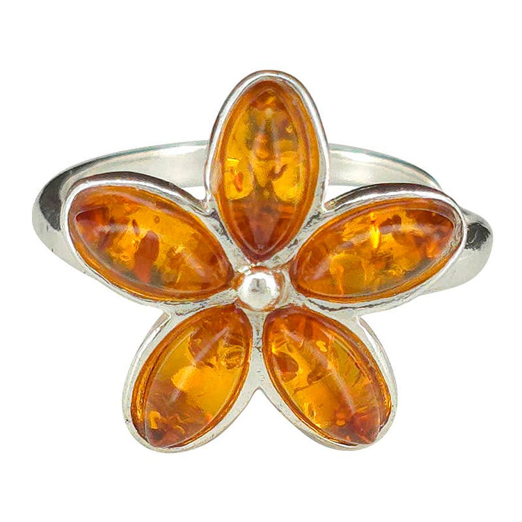 Cognac Amber Sterling Silver Flower Adjustable Ring
