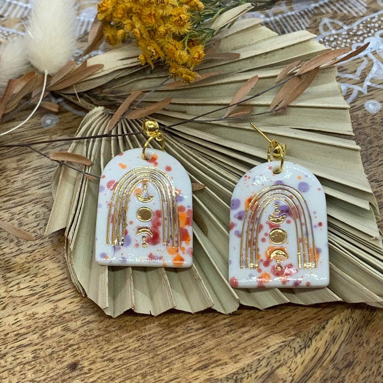 Ariel - Porcelain Earrings with Gold finish: Rainbow With Moon