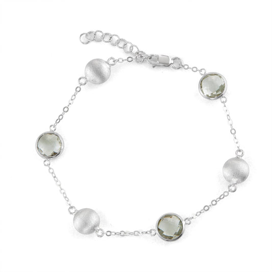 Sterling Silver Link Bracelet w/Satin Balls & Green Amethyst