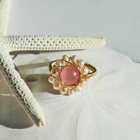 Boho Style Pink Cat Eye Bypass Ring Decorated by Cultured Fr