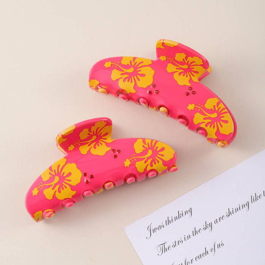 Hibiscus Flower Print Hair Claw, Tropical Summer Accessory: Pink