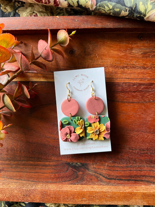 Green Spring Floral Earrings - Two colour Square