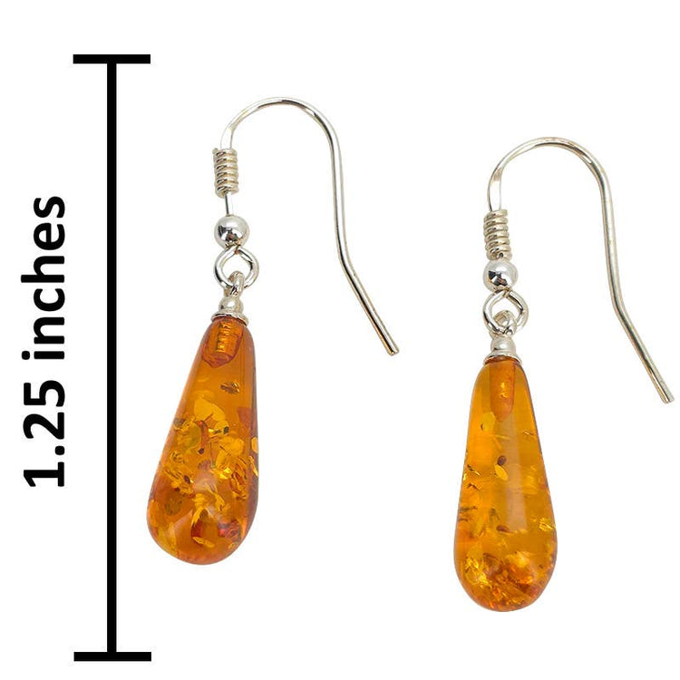 Cognac Amber Long Teardrop Sterling Silver Hook Earrings