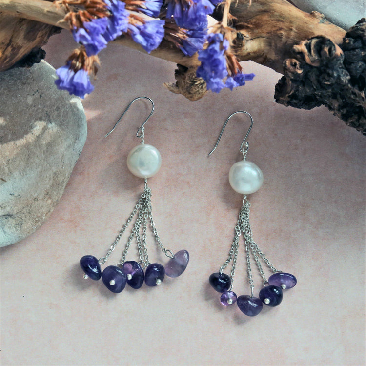 Amethyst and Pearl Long Earrings