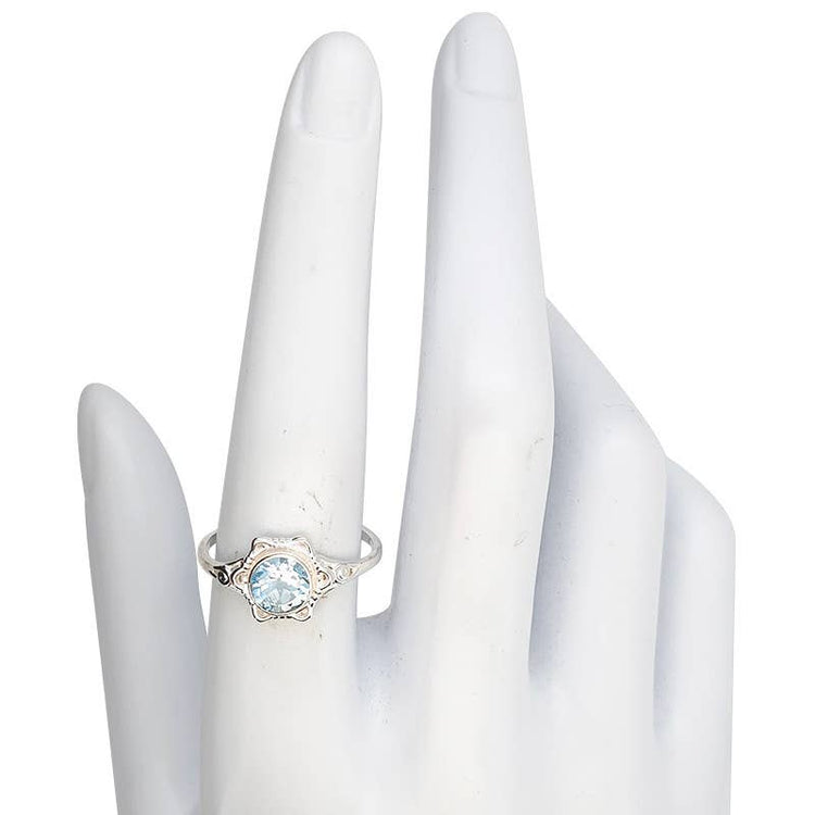 Faceted Blue Topaz Scrollwork Sterling Silver Ring