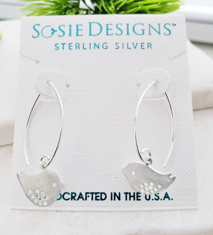 Silver Matte Spotted Bird Dangle Earrings