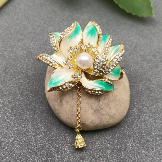 Enamel Lotus Brooch Inlaid with Rhinestone & Pearl