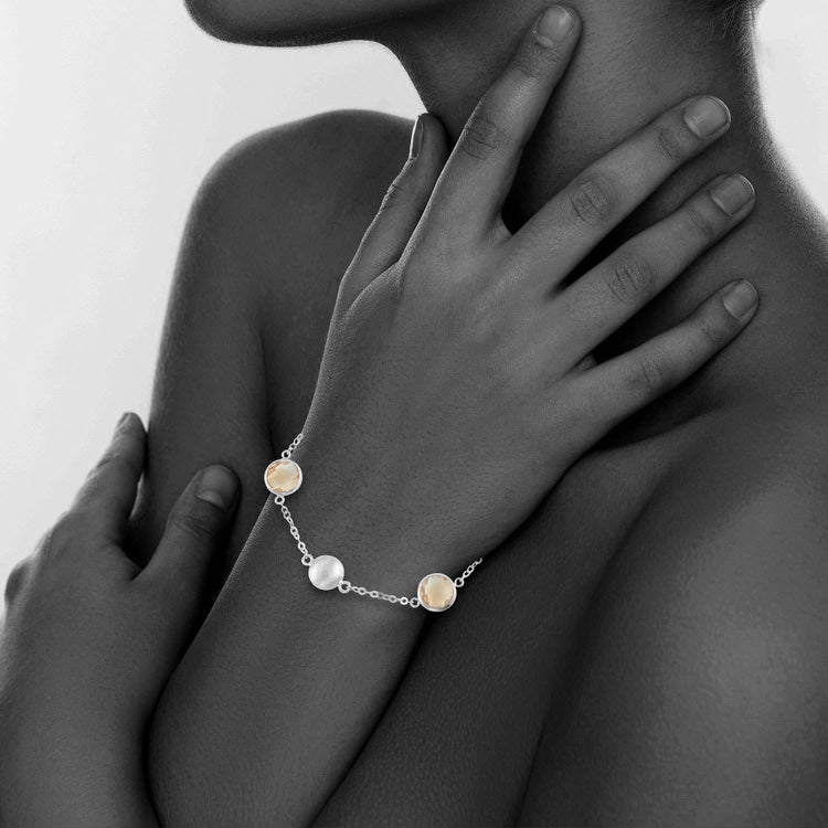Sterling Silver Link Bracelet w/Satin Balls & Round Citrine