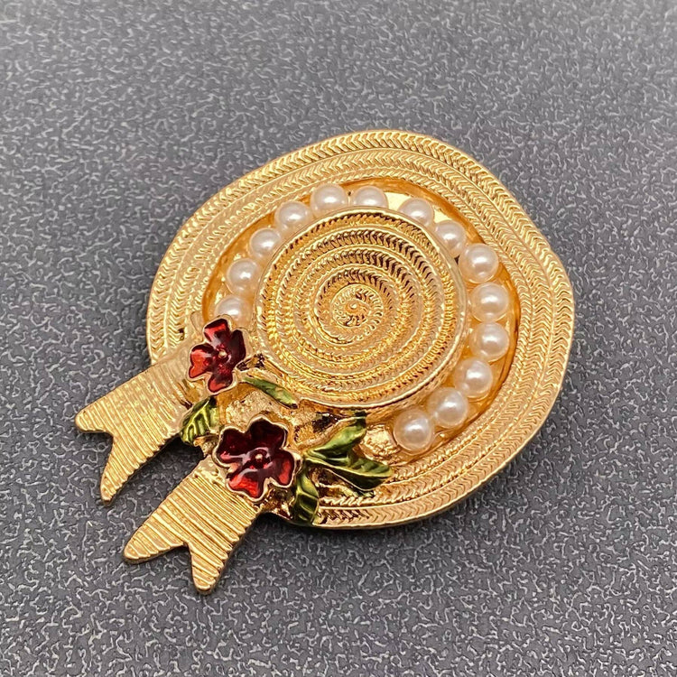 Enamel Flower Pearl  Hat Brooch