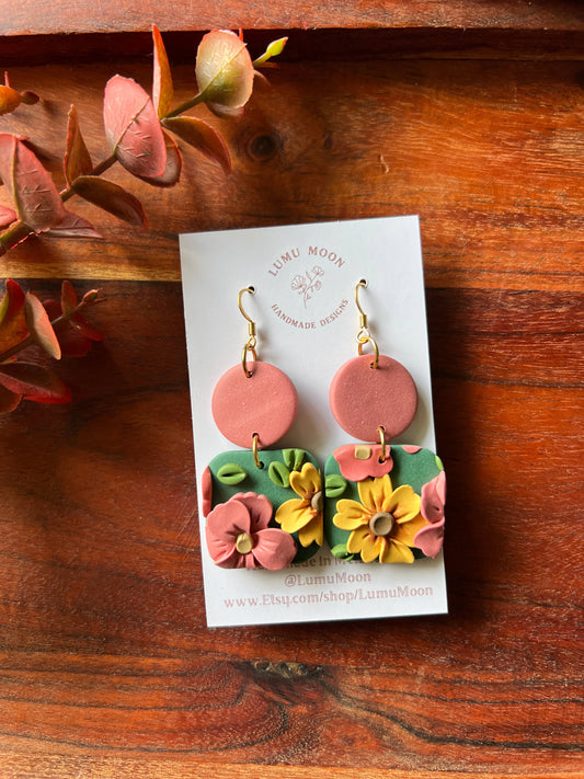 Green Spring Floral Earrings - Two colour Square