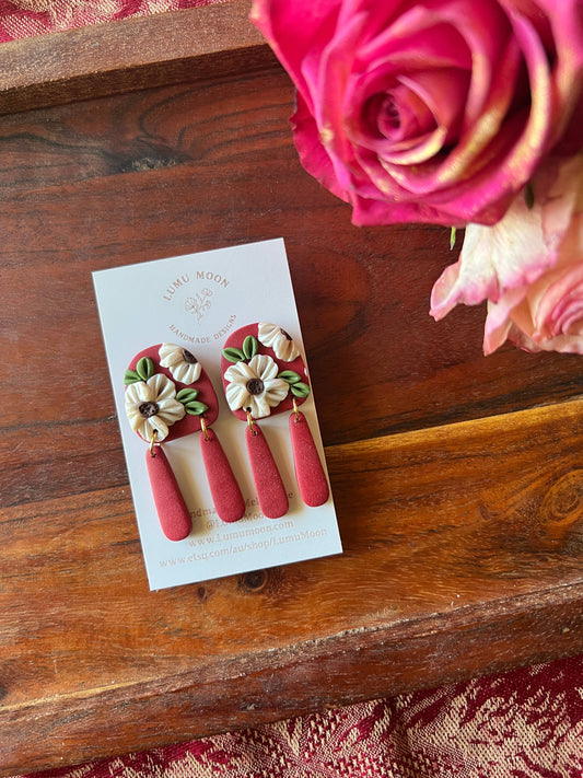 Penny Red & Floral Earrings - Statement shape