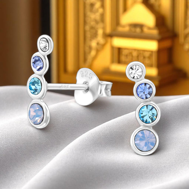Geometric Sterling Silver Ear Studs with Crystal Blue
