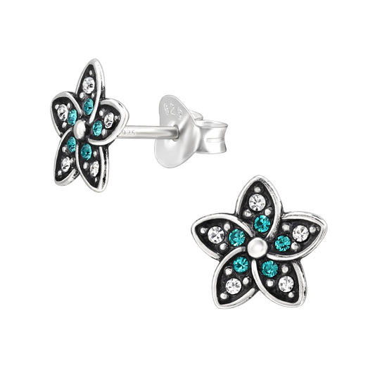 White & Blue Zircon Flower Oxidised Silver Studs