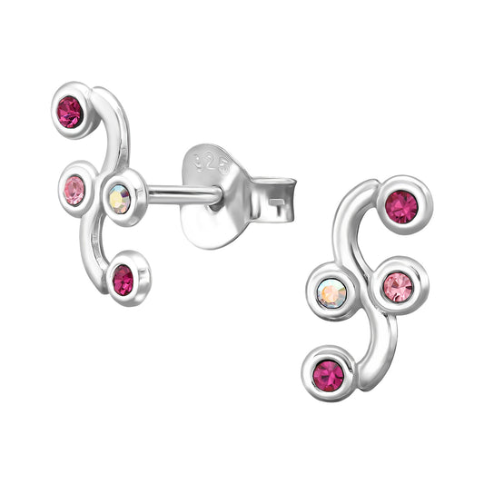 S-Curve Cluster Sterling Silver Ear Studs with Mix Color Crystals