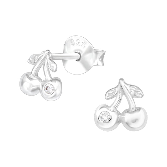 Silver Cherry Ear Studs CZ