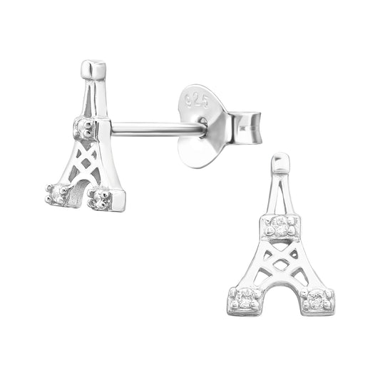Silver Eiffel Tower Ear Studs with Cubic Zirconia