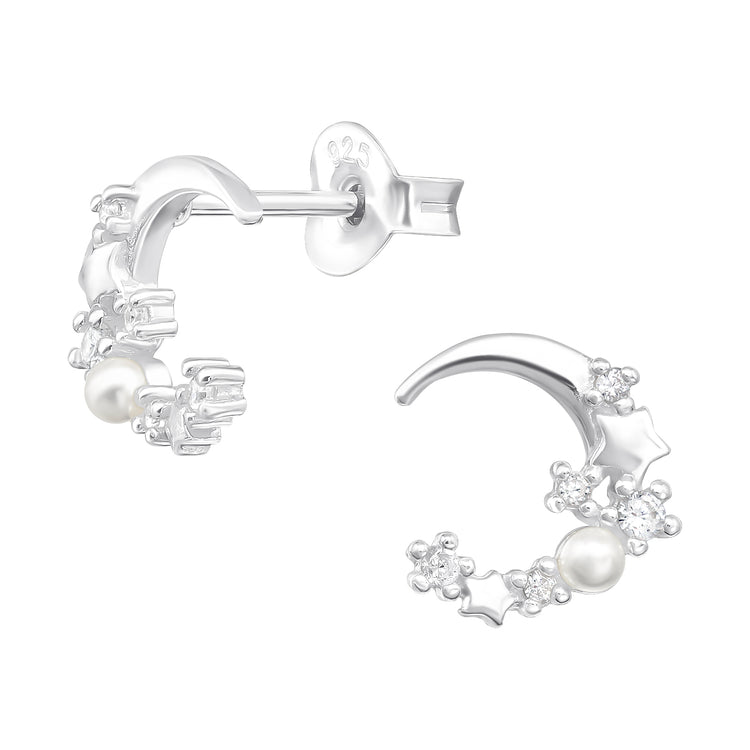 Silver Moon and Star Ear Studs with Cubic Zirconia and Imitation Pearl