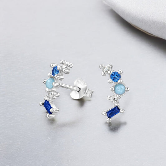 Blue Cluster Sterling Silver Ear Studs with Cubic Zirconia and Imitation Opal